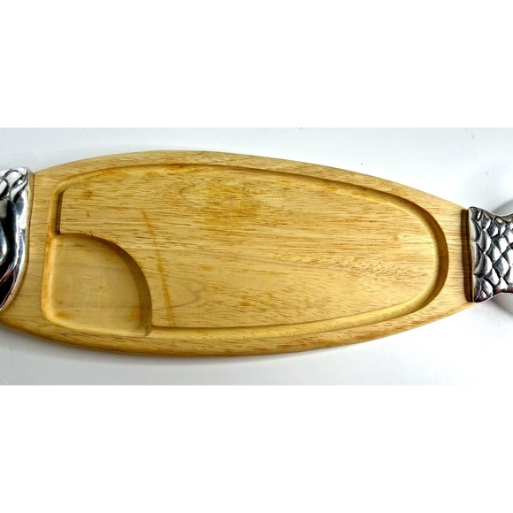 Wood Salmon Fish Shaped Charcuterie Serving Cutting Board Metal Head & Tail 23" - Picture 4 of 11